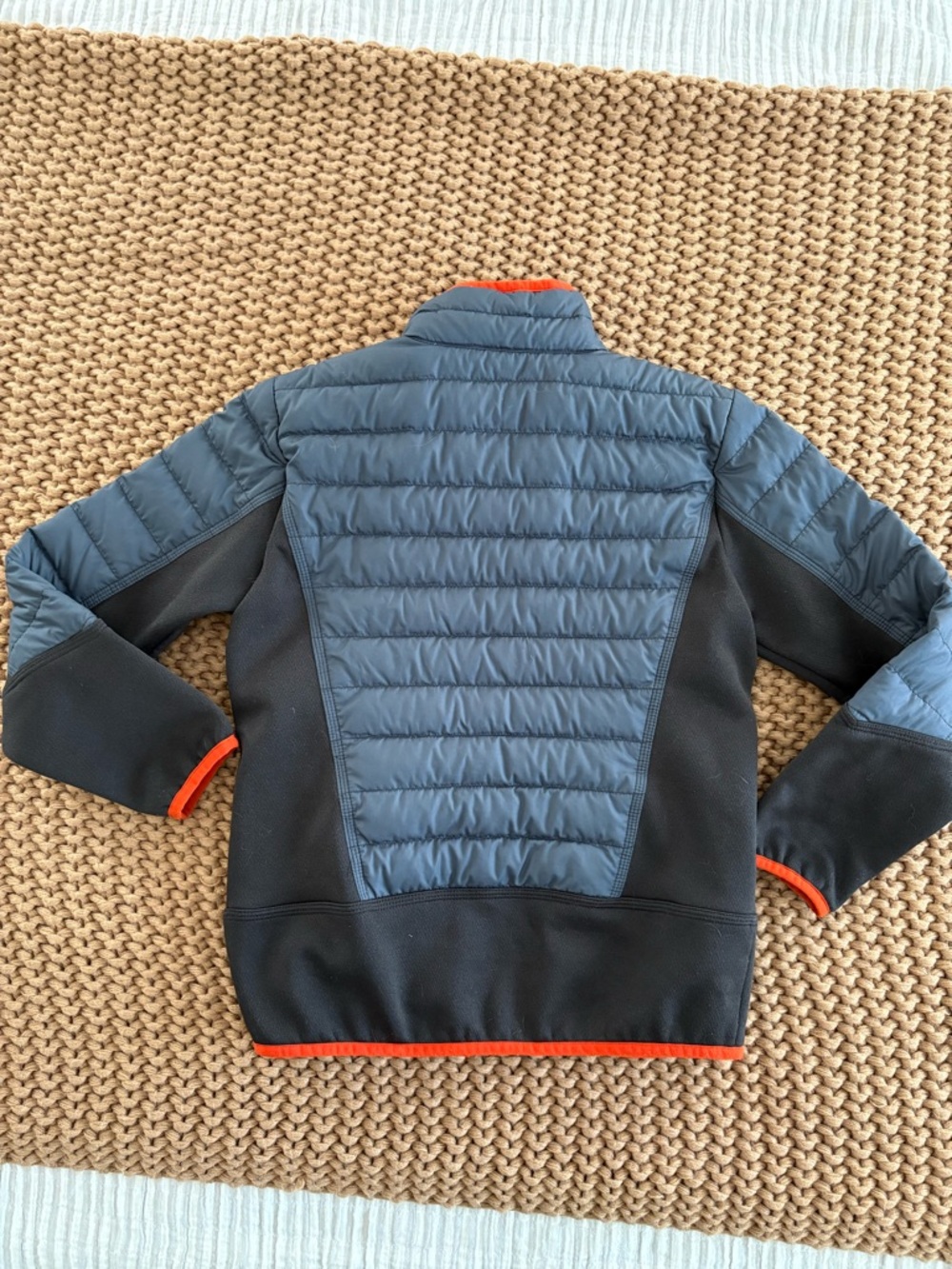 Patagonia Quilted Blue and Black Jacket with Orange Trim - Picture 3 of 5